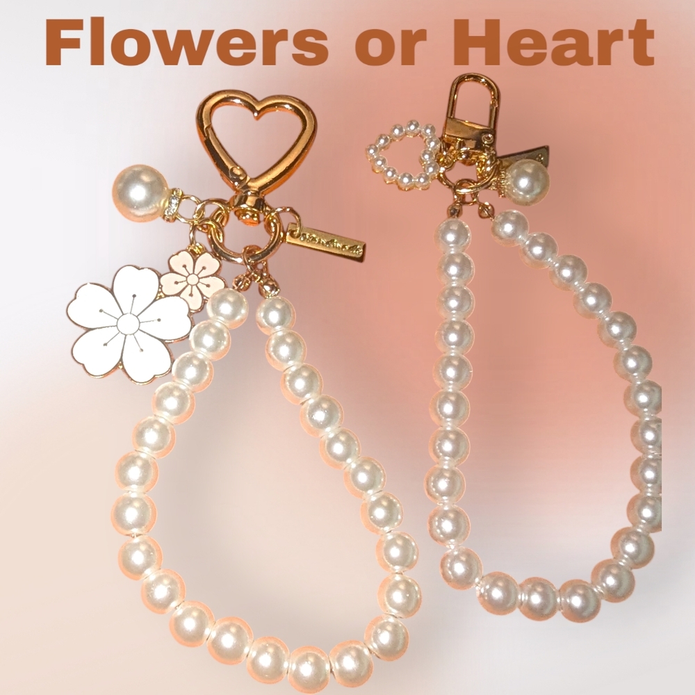 Flower or Heart Faux Pearl Wristlet Keychain BagCharm